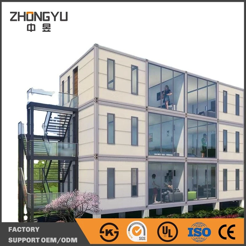 It's a three-story prefabricated CONTAINER house, done in a curtain wall and strip window molding, with an exterior staircase on the left side, which looks sturdy